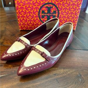 Tory Burch Darlene Equestrian Calf Burgundy and Cream Loafers Flat MSRP $325